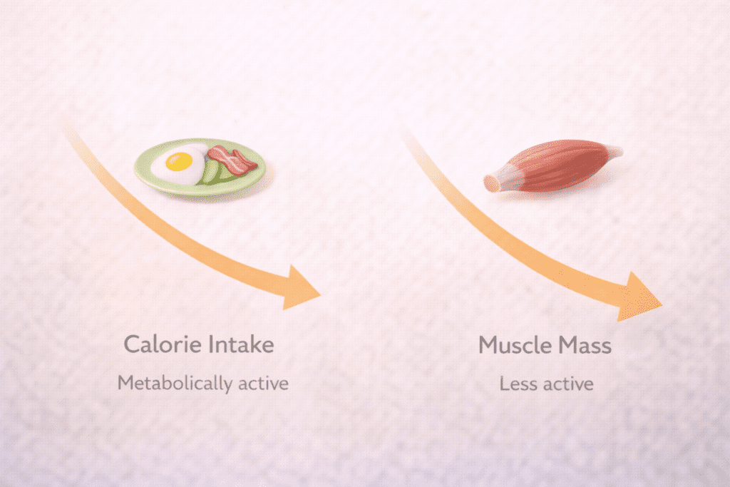 Illustration showing calorie intake and muscle mass changes that affect metabolism after 30