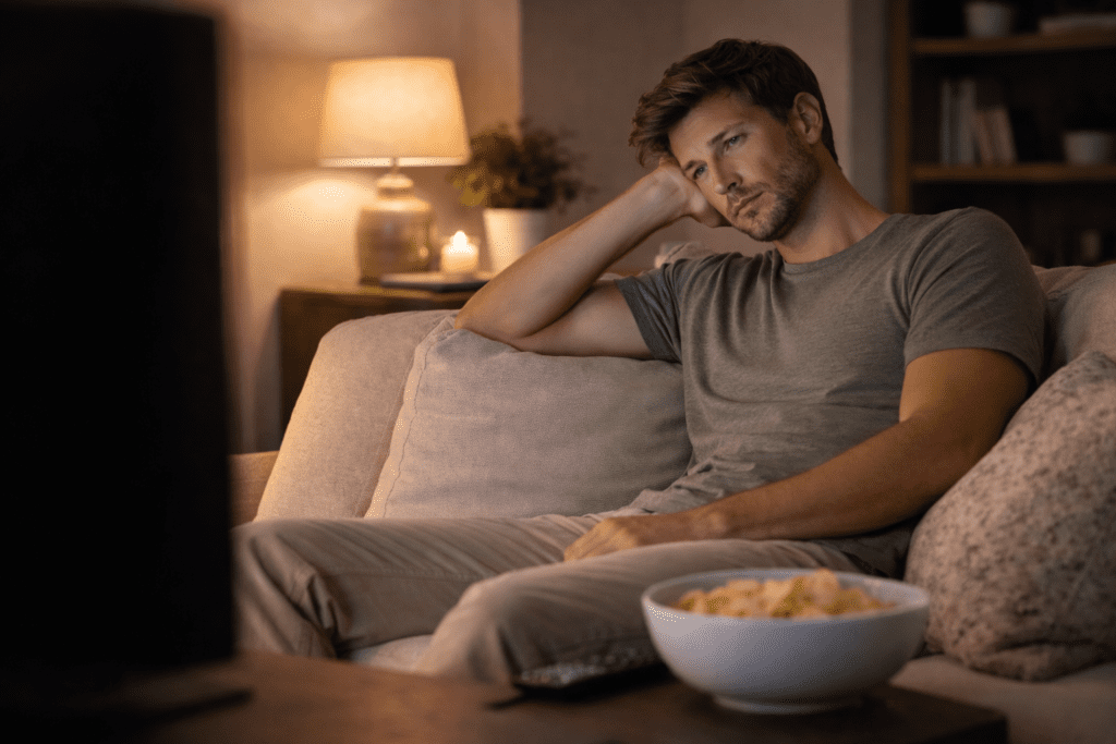 Man watching TV late at night with snacks, illustrating how nighttime habits can disrupt fat loss after age 30