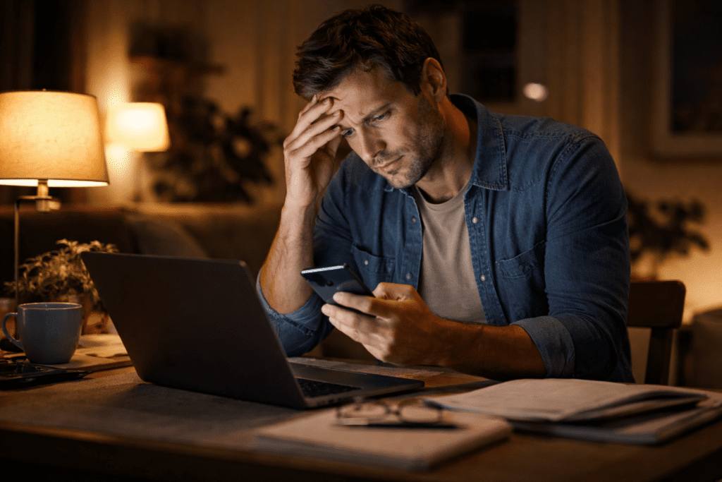 Stressed man working late at night on a laptop and phone, showing how stress affects weight loss after 30