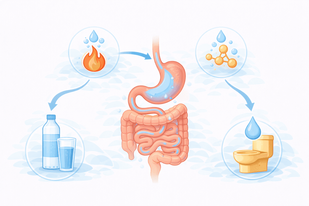 Illustration showing water supporting digestion and nutrient absorption in the stomach and intestines