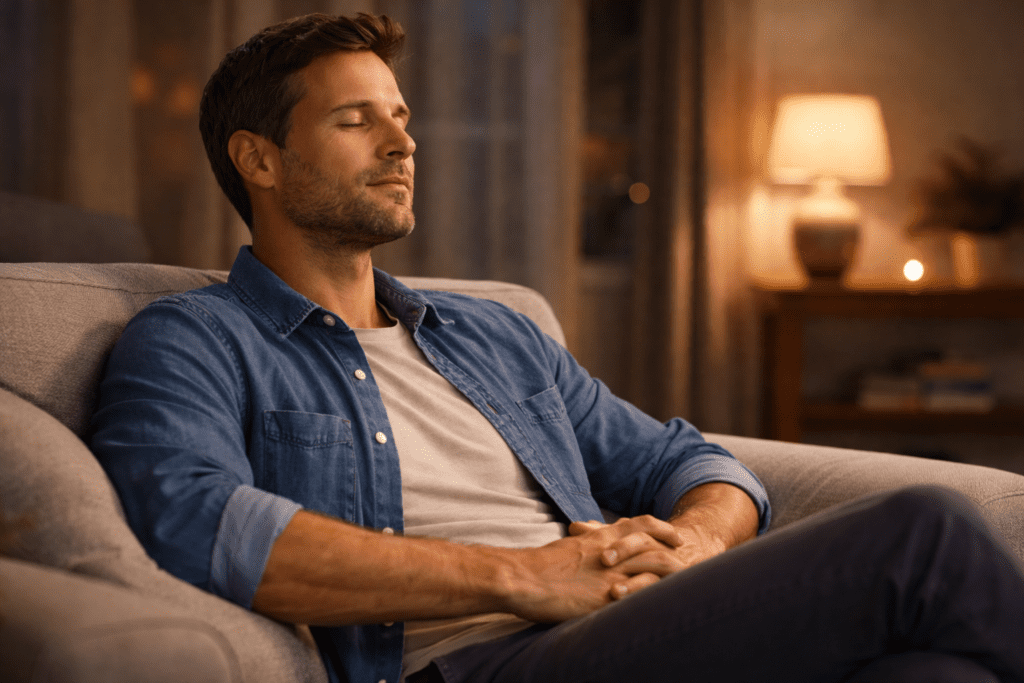Man relaxing on a couch with eyes closed, showing how rest supports consistency in fitness