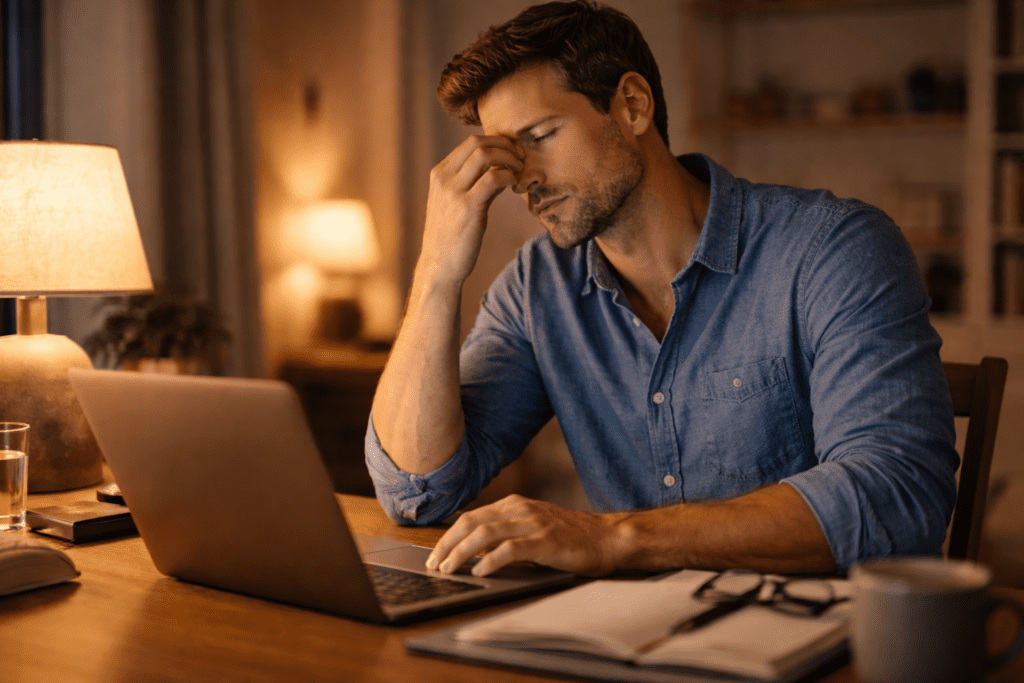 Stressed man working late on a laptop, showing how stress contributes to chronic inflammation and weight gain