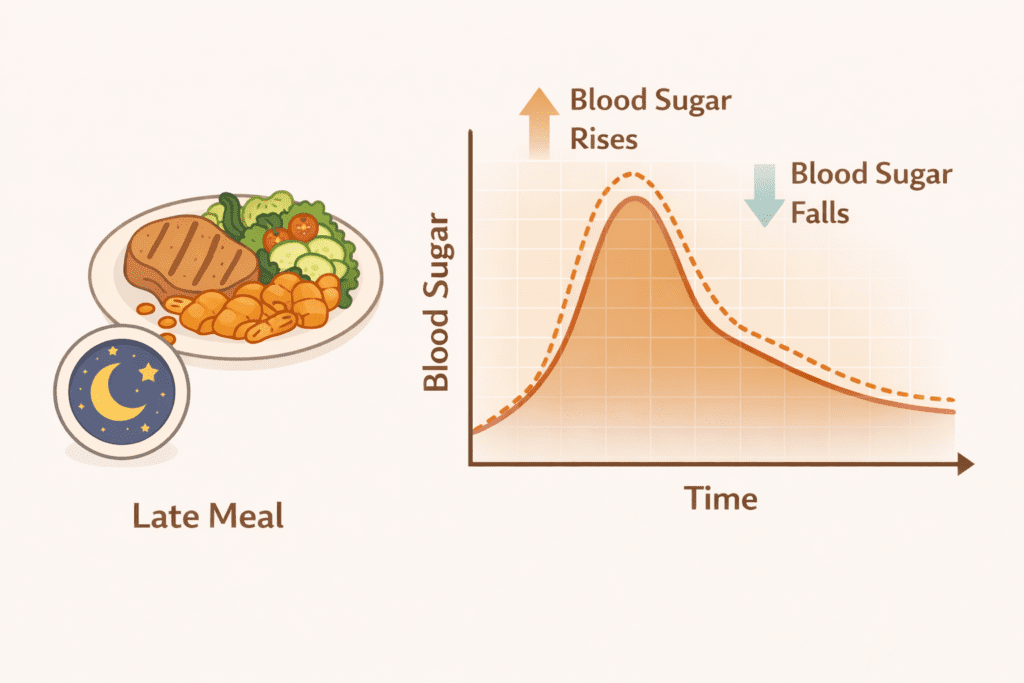 Man lying awake in bed at night, showing how late-night eating can affect sleep and weight gain