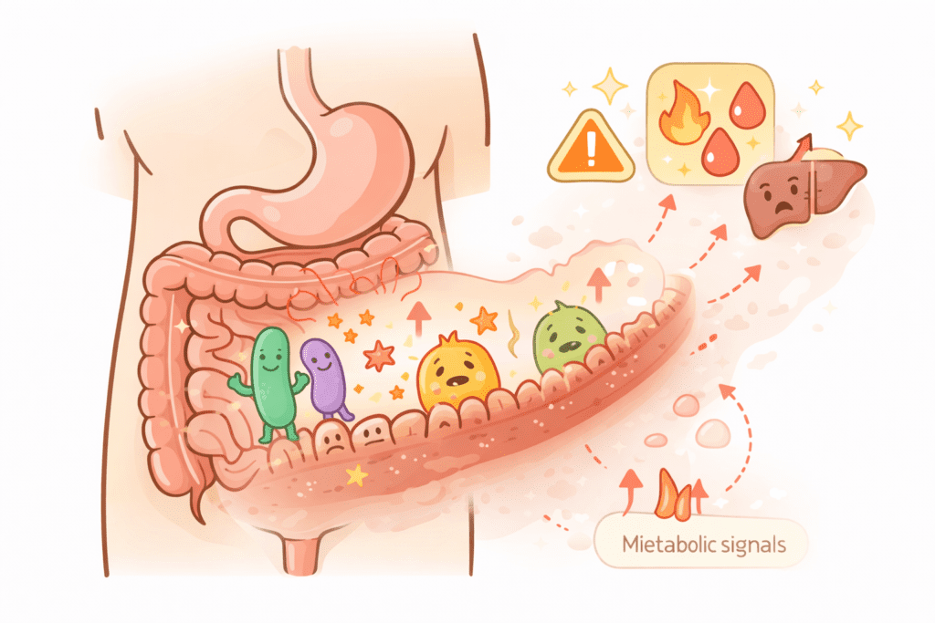 Illustration showing gut inflammation disrupting metabolic signals in the body