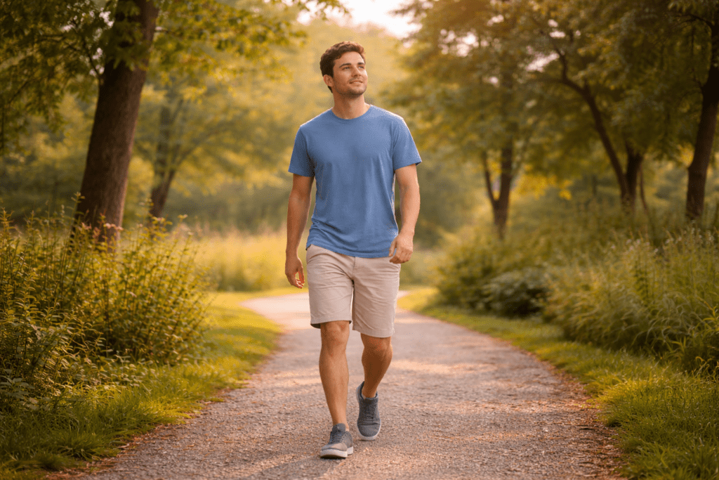Man walking on a nature trail, showing how steady walking supports fat loss and metabolism