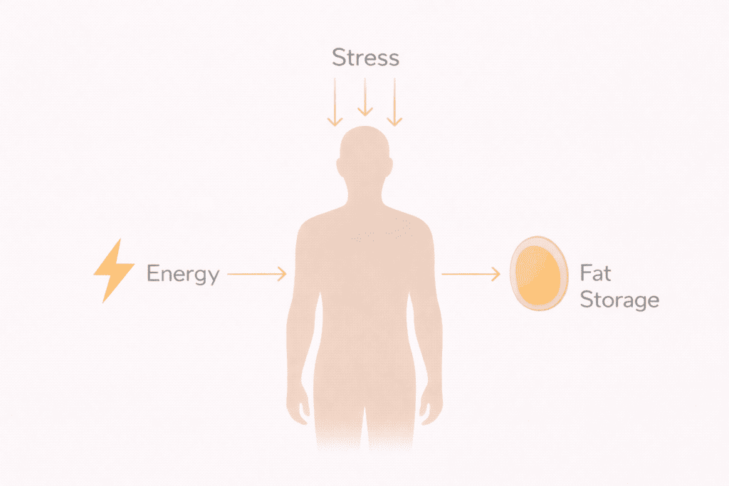 Diagram showing stress pushing energy toward fat storage instead of use