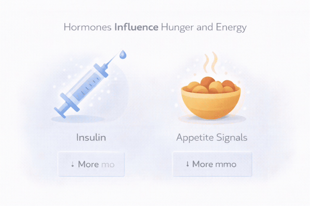 Illustration showing hormones influencing hunger and energy levels in the body