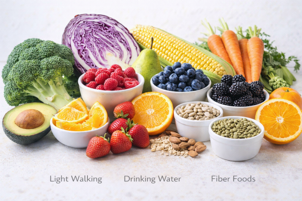 Fruits, vegetables, and fiber-rich foods that support digestion and increase metabolism
