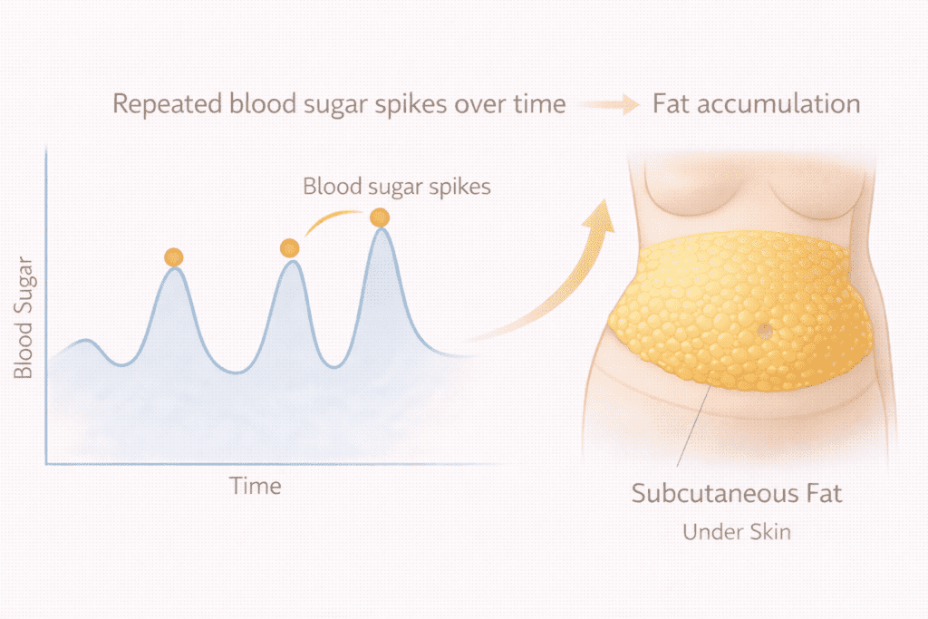 Chart showing repeated blood sugar spikes over time contributing to subcutaneous belly fat accumulation