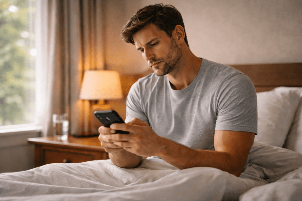 Man checking his phone in bed in the morning, showing habits that may slow metabolism after 30