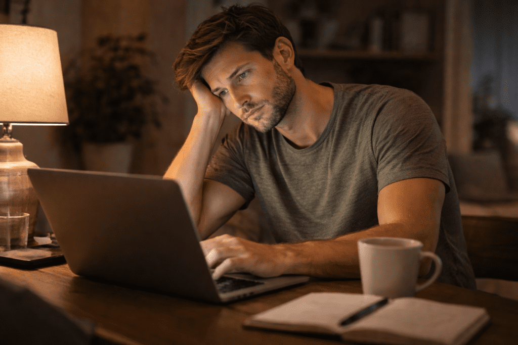 Tired adult working late at a laptop, showing lifestyle factors linked to muscle loss and slower metabolism