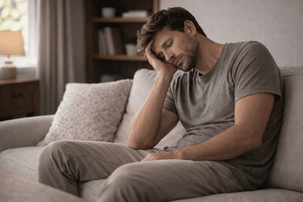 Tired man resting on a couch with low energy, showing how fatigue can interfere with diet success after 30