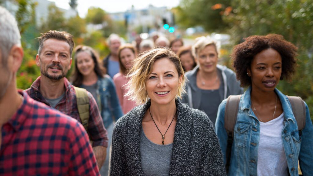 Adults walking together outdoors, showing hydration as part of a healthy lifestyle after 30