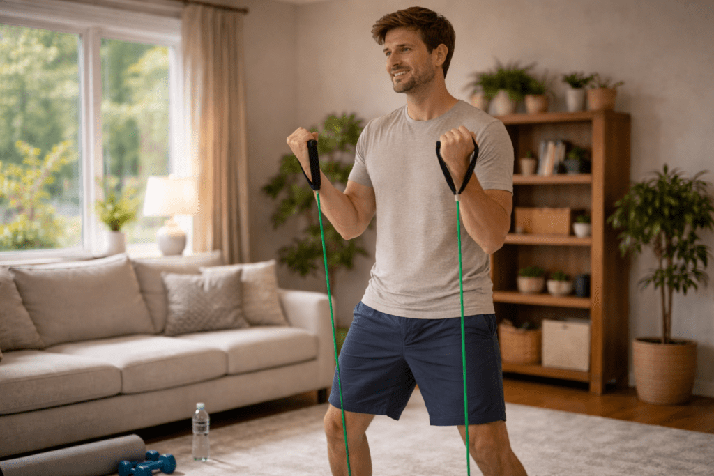 Man doing resistance band exercises at home, showing simple workouts that support consistency in fitness