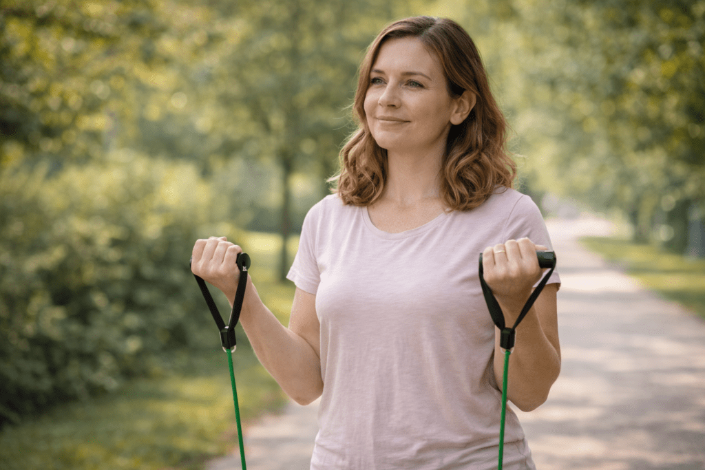 Woman using resistance bands outdoors, showing how protein supports muscle and weight loss after 30