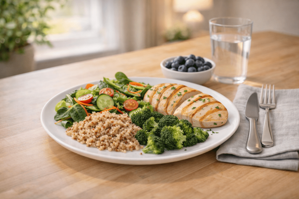 Balanced meal with protein, vegetables, and whole foods that support lower inflammation and healthy body weight