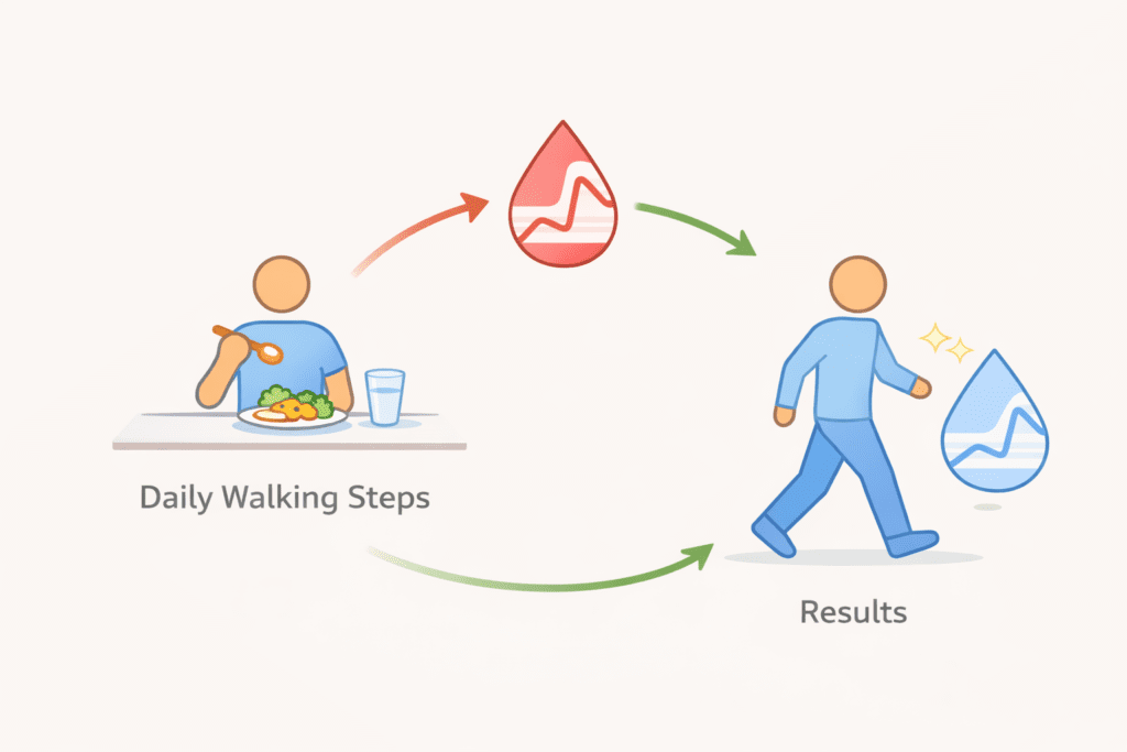 Illustration showing walking helping balance blood sugar and support fat loss