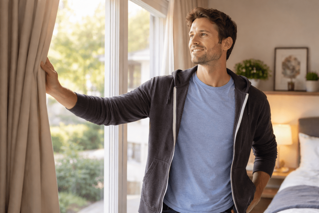 Man opening curtains in the morning, showing improved energy and healthier daily rhythm