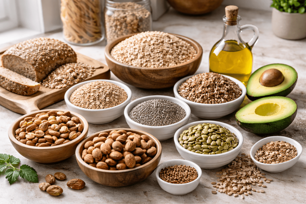 Seeds, nuts, whole grains, and healthy fats that help increase metabolism