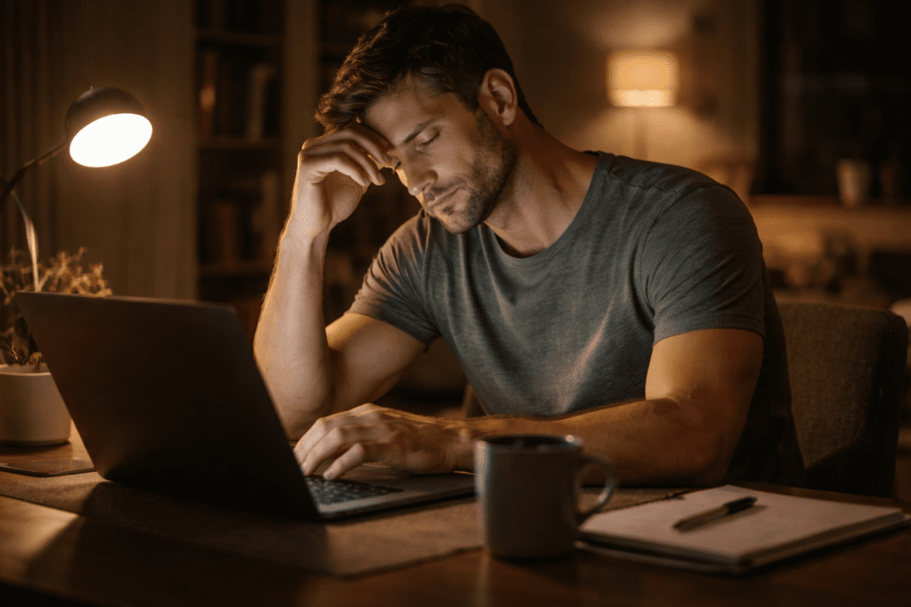 Adult man working late at night on a laptop, showing stress and fatigue that can affect blood sugar balance and belly fat after 30