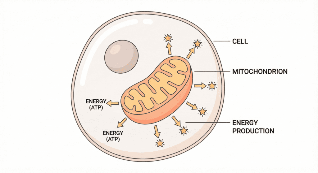 Illustration showing mitochondria producing energy in cells, supporting metabolism and morning weight loss habits