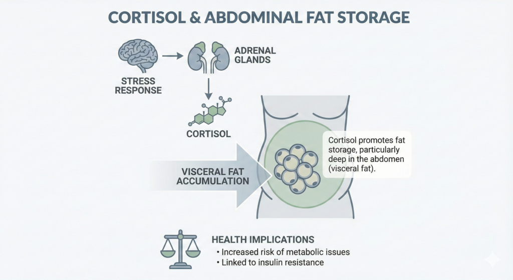 Diagram showing cortisol release leading to abdominal and visceral fat storage