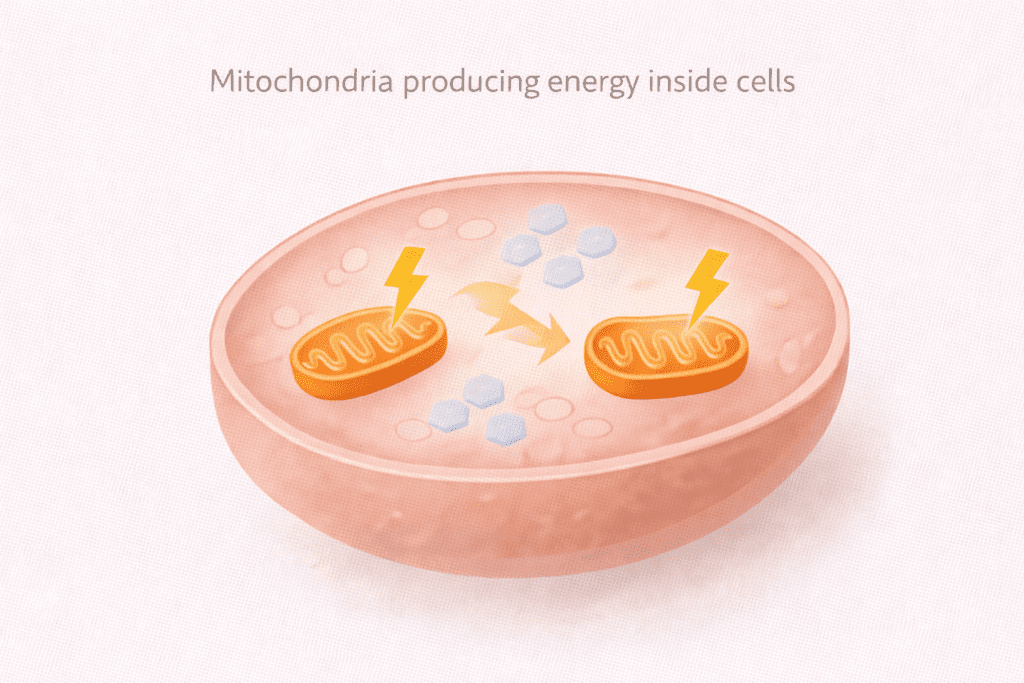 Illustration of mitochondria producing energy inside cells, related to morning habits that boost metabolism