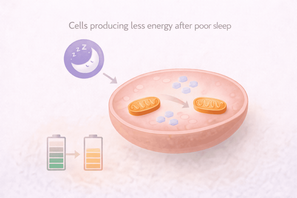 Illustration showing cells producing less energy after poor sleep, explaining why sleep affects weight loss