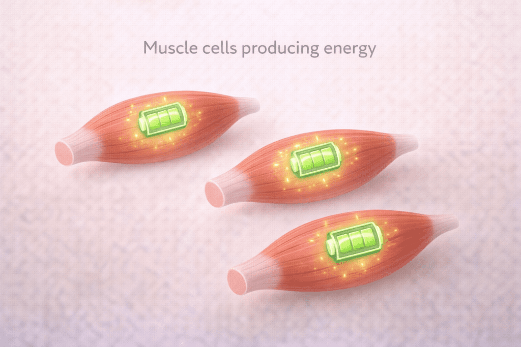 Illustration of muscle cells producing energy, explaining how muscle supports metabolism