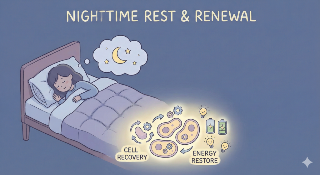 Illustration showing nighttime sleep supporting cell recovery and energy restoration during rest