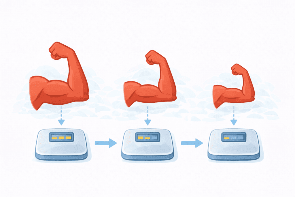 Illustration showing muscle loss while body weight stays the same, explaining why dieting alone may not work