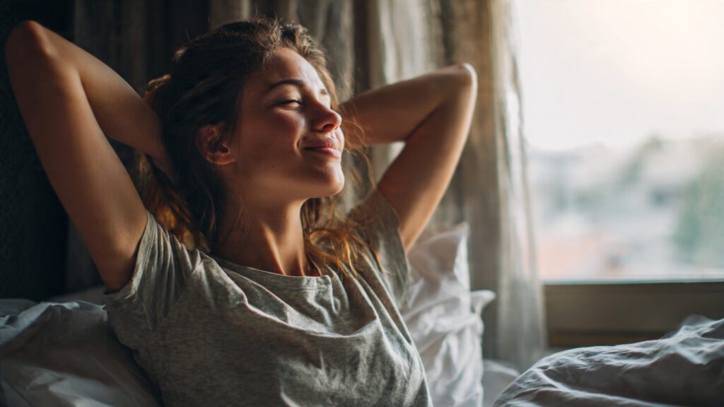 Woman waking up refreshed, showing benefits of rest days for energy and weight loss