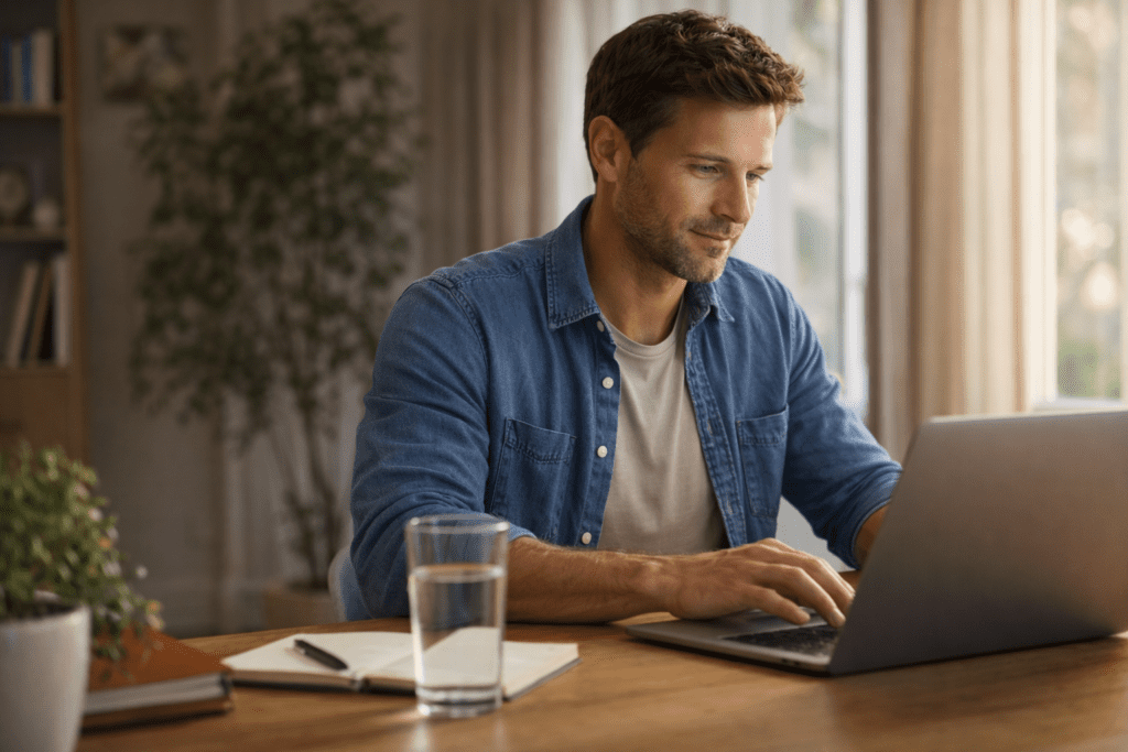 Man working on a laptop with a glass of water nearby, showing hydration supports focus and mental clarity