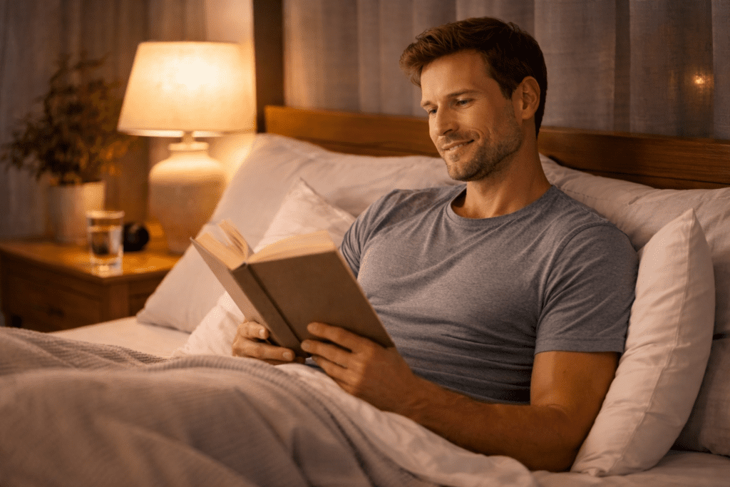 Man reading in bed at night, showing how good routines support weight loss after 30