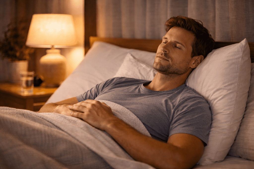 Man sleeping peacefully in bed, showing how good sleep helps reduce inflammation and support healthy body weight
