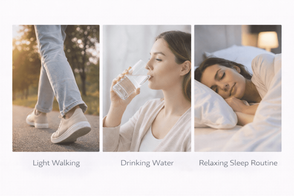Images showing walking, drinking water, and sleep routines that support metabolism