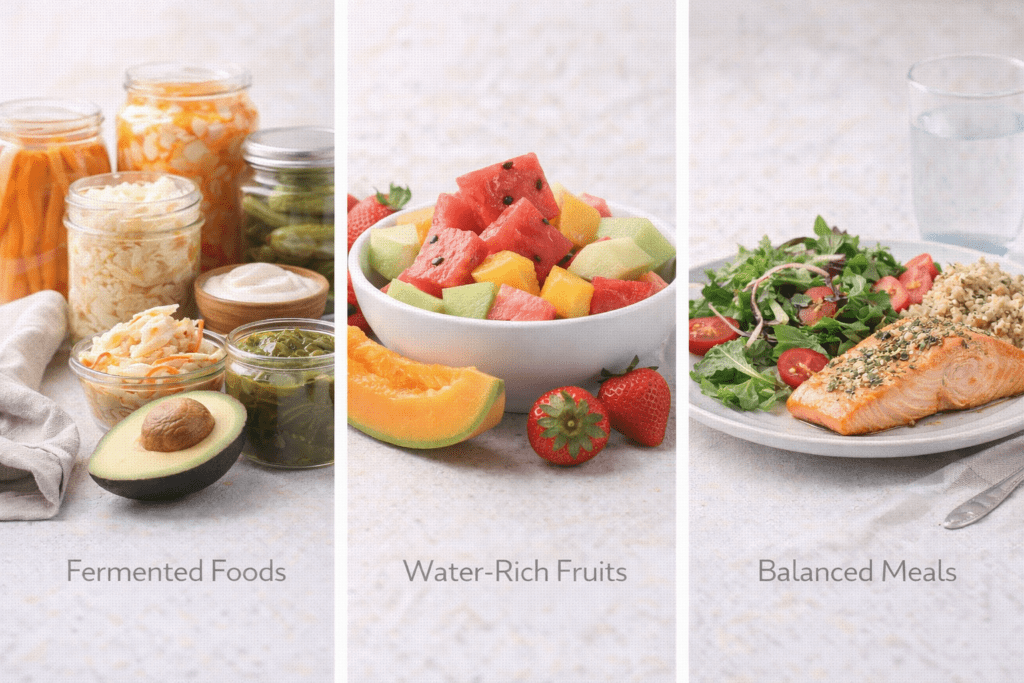 Fermented foods, water-rich fruits, and balanced meals that support metabolism