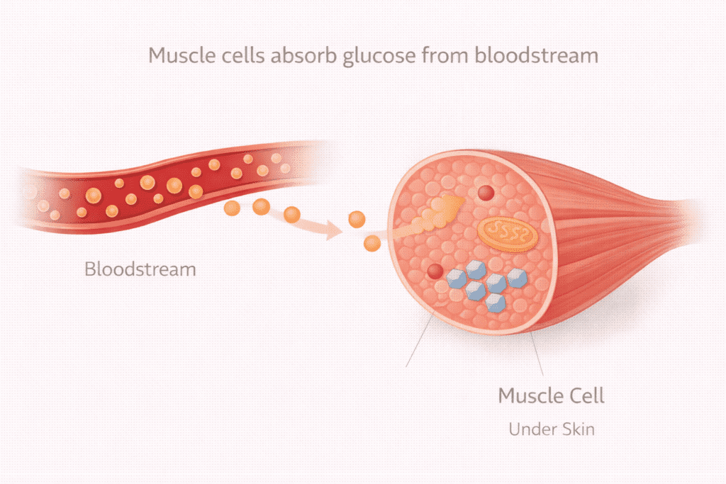 Illustration showing muscle cells absorbing glucose from the bloodstream, helping explain how blood sugar affects belly fat after 30