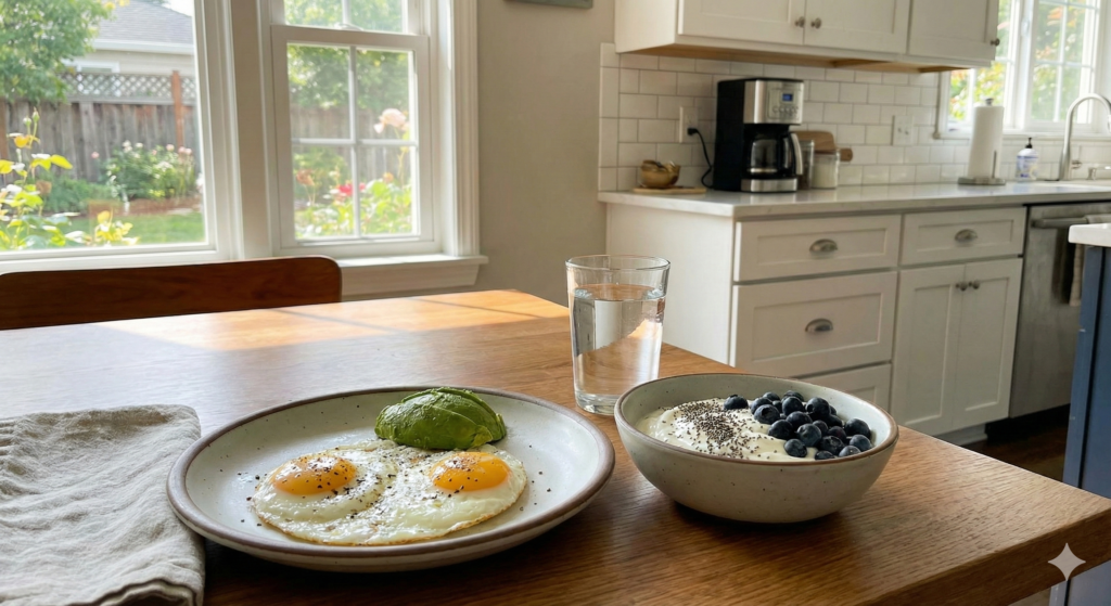High-protein breakfast with eggs, yogurt, berries, and water to support stable energy and morning weight loss habits