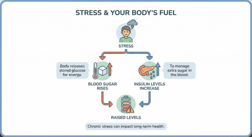 Diagram explaining how stress raises blood sugar and insulin levels, affecting body fuel balance