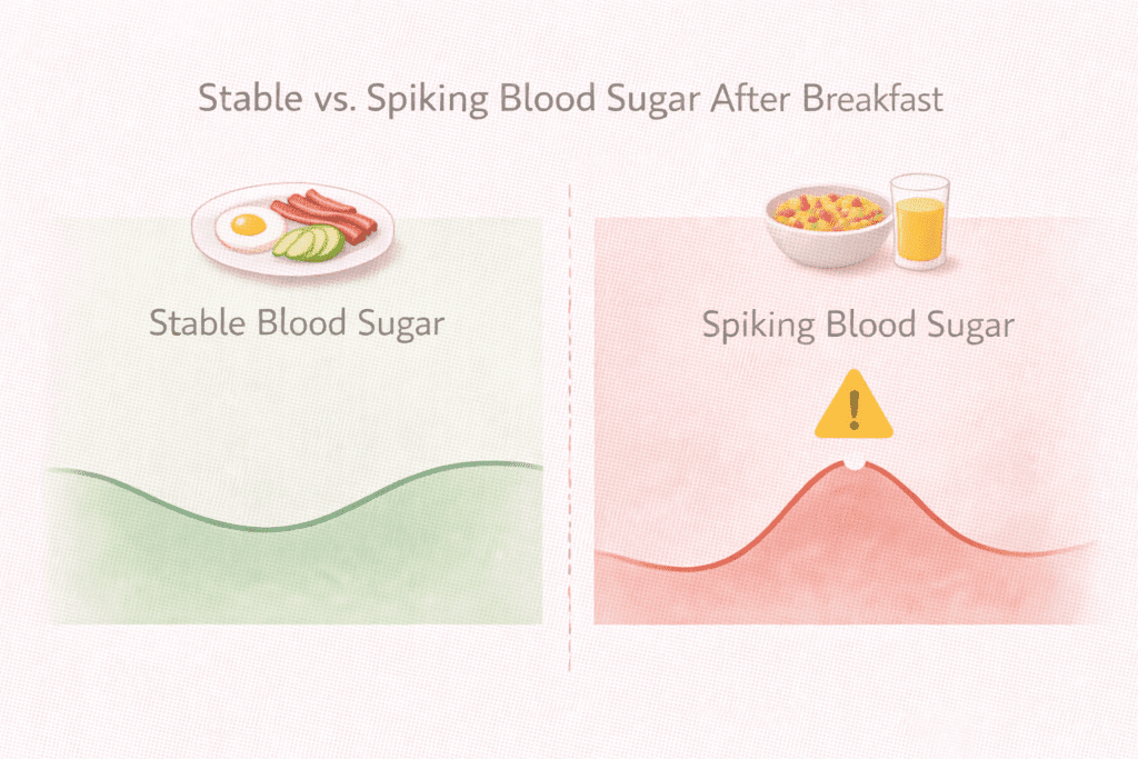 Illustration comparing stable and spiking blood sugar after breakfast and its impact on metabolism