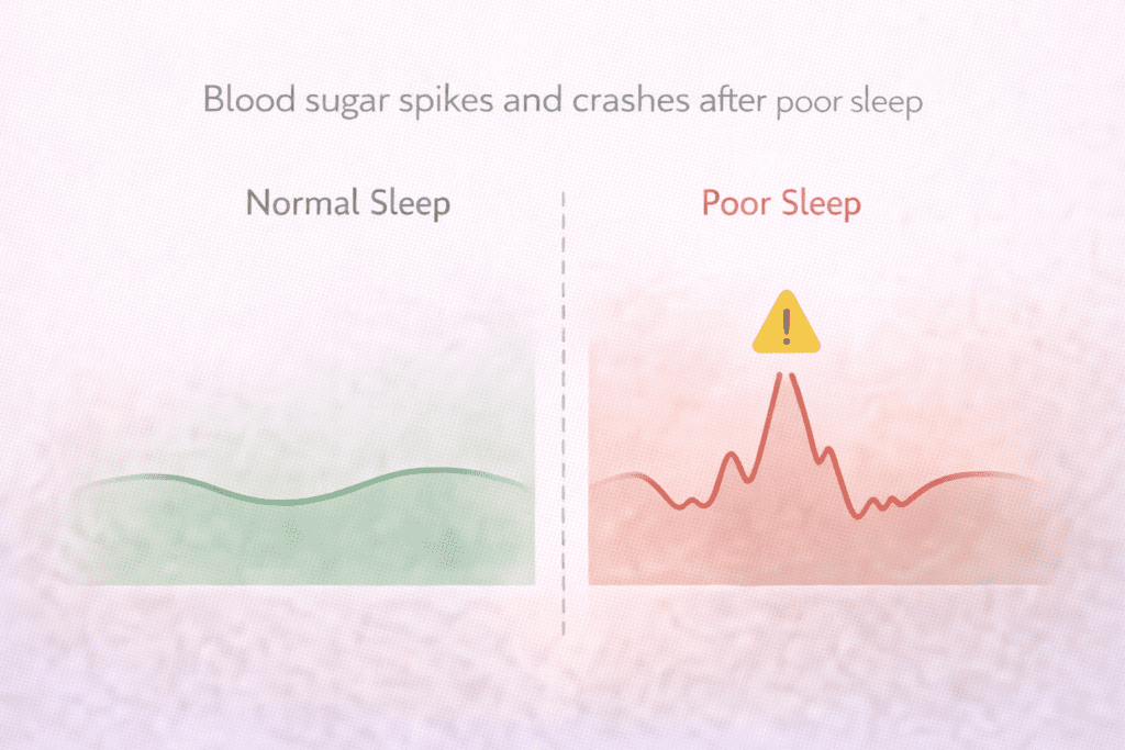 Comparison showing stable blood sugar with normal sleep versus blood sugar spikes after poor sleep