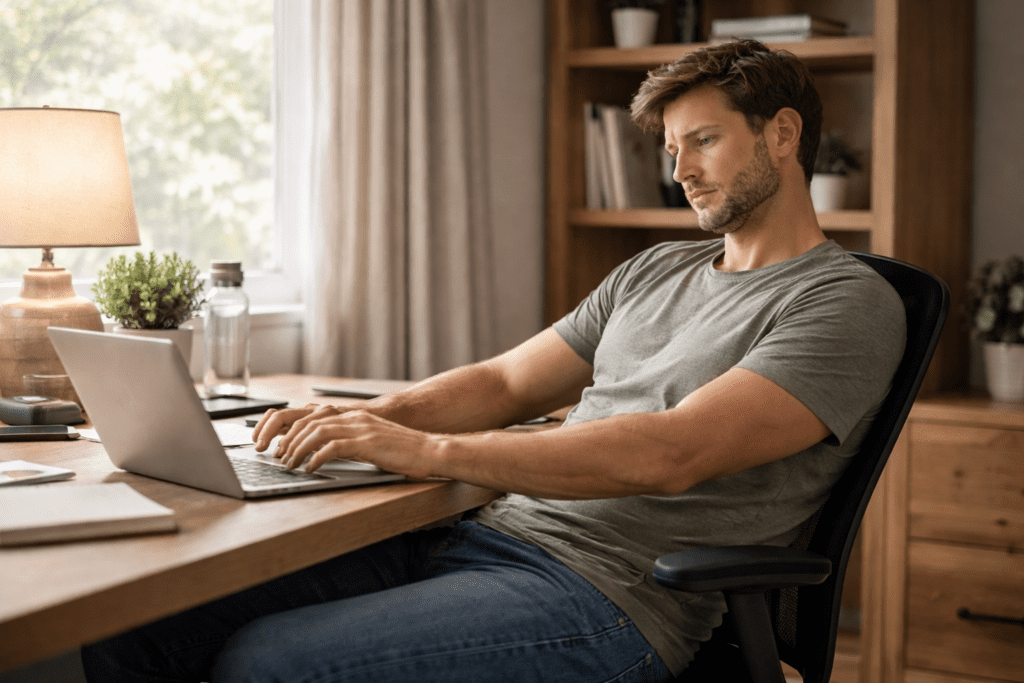 Sedentary adult sitting at a desk, showing reduced activity linked to muscle loss after 30