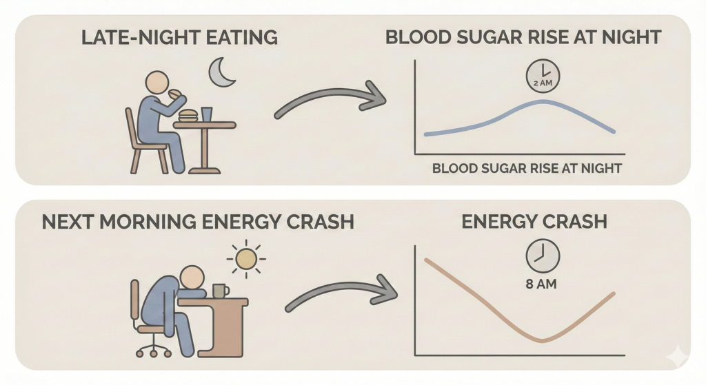 Infographic showing late-night eating causing blood sugar rise at night and energy crash the next morning