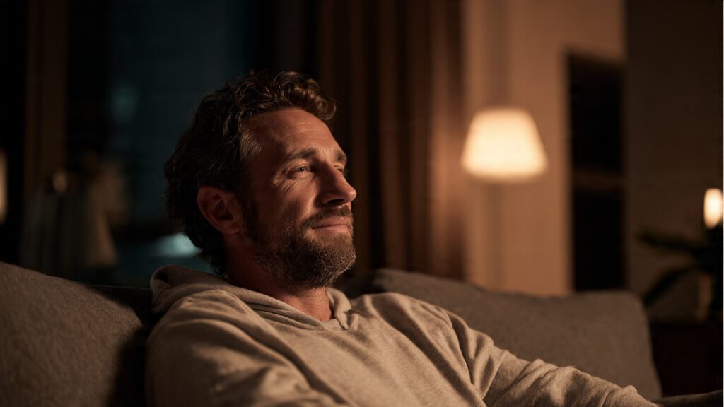 Man relaxing on a couch in the evening, showing how hydration supports recovery and overall well-being