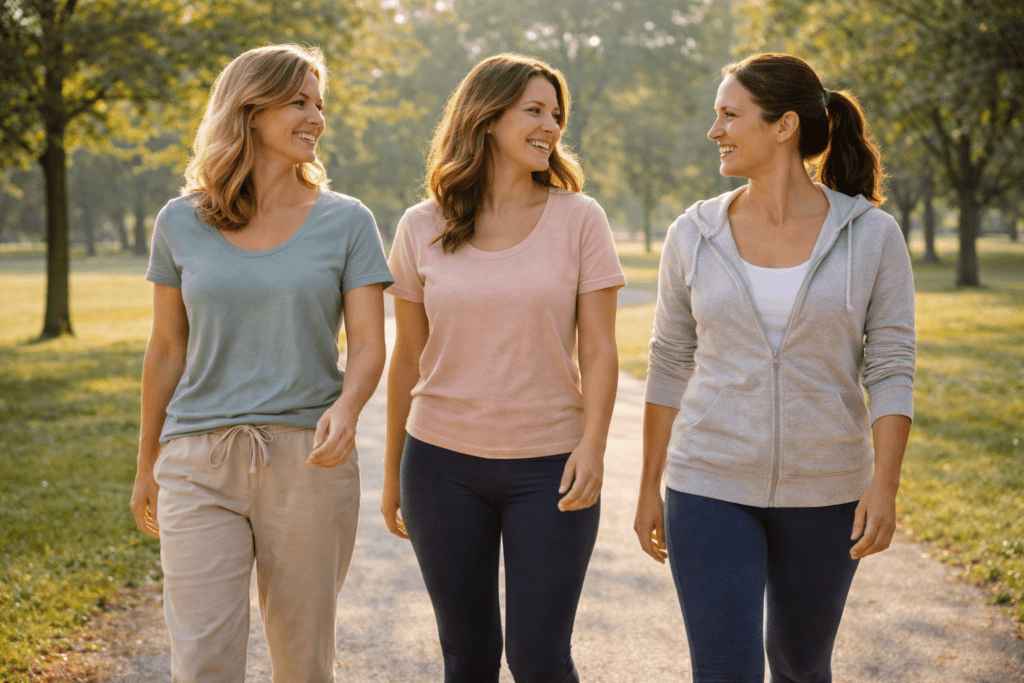 Women walking outdoors supporting healthy habits as women over 30 gain weight on the same diet
