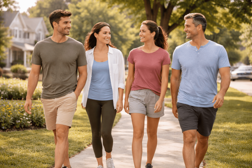 Adults in their 30s and 40s walking outdoors in a U.S. neighborhood, showing daily movement that helps regulate blood sugar and belly fat