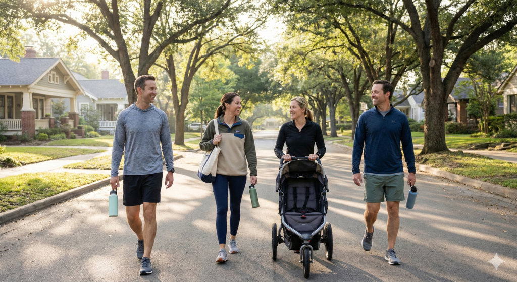Adults walking outdoors in the morning in a U.S. neighborhood, supporting simple morning habits for weight loss