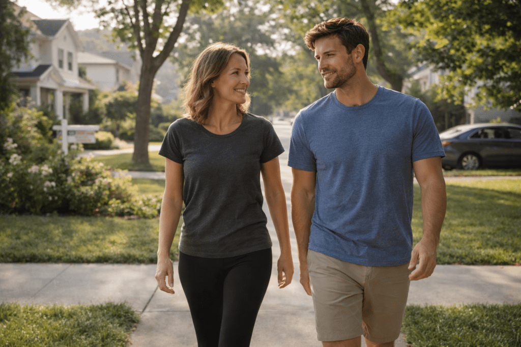 Adults walking outdoors in a U.S. neighborhood, showing daily movement as a morning habit that boosts metabolism