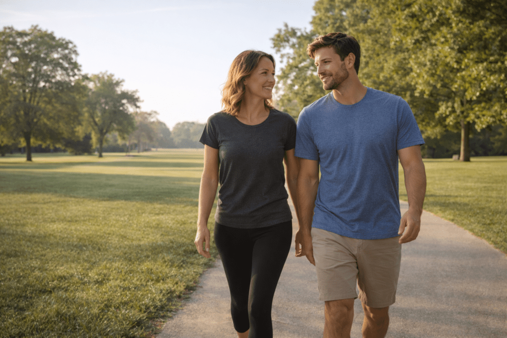 Adults walking outdoors together, showing healthy daily movement that supports sleep and weight loss